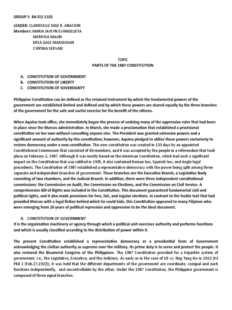 Overview of the 1987 Philippine Constitution | PDF | Constitutional ...