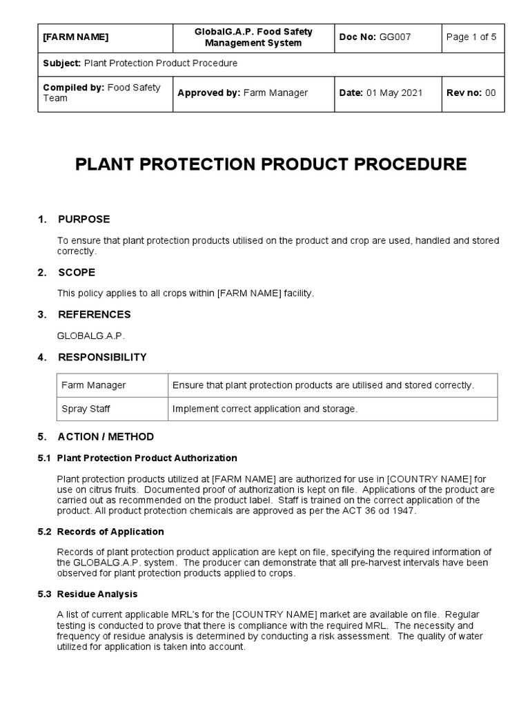 GG007 GlobalG.A.P. Plant Protection Product Procedure Sample PDF