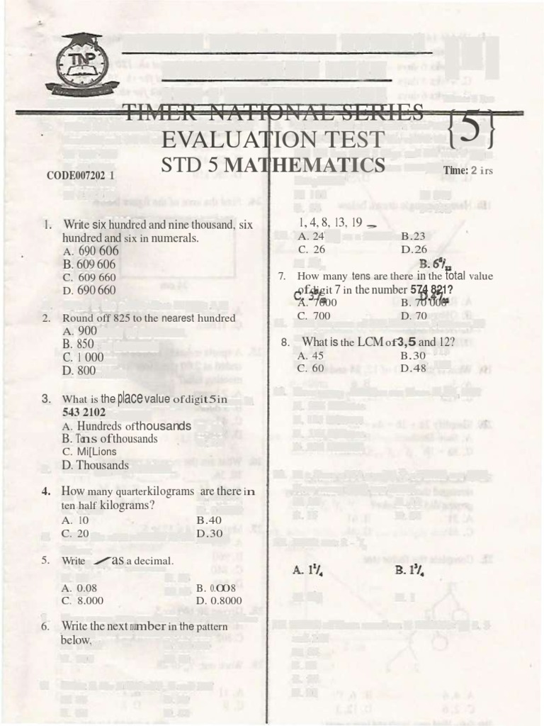 Grade 5 Mathematics Evaluation Test | PDF | Area | Numbers