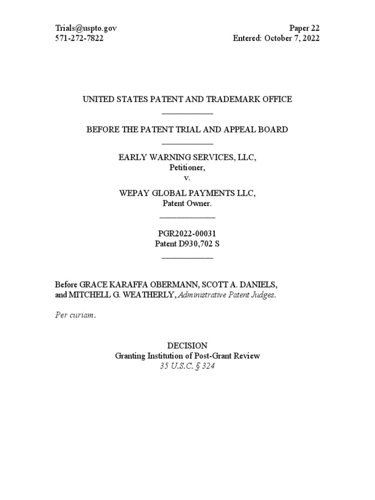 PGR 2022-00031 - Order Instituting PGR (Grecia D'702) | PDF | Prior Art |  Patent
