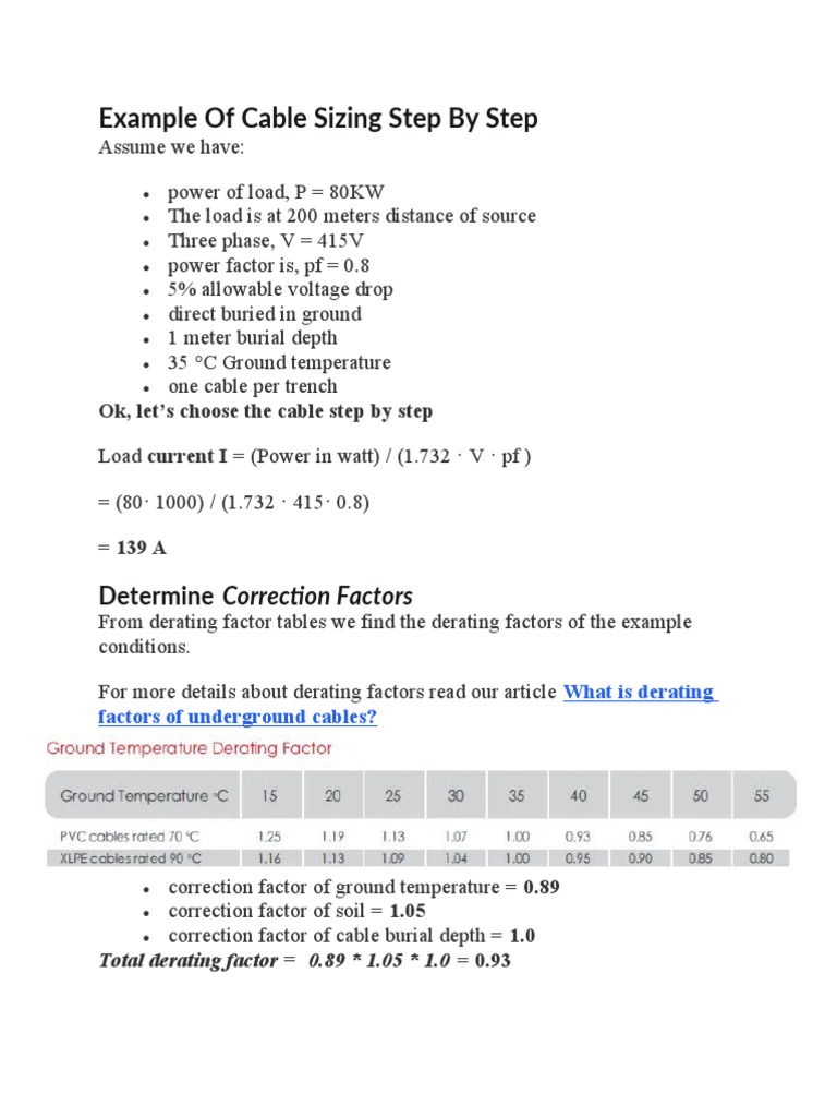 Example of Cable Sizing Step by Step | PDF