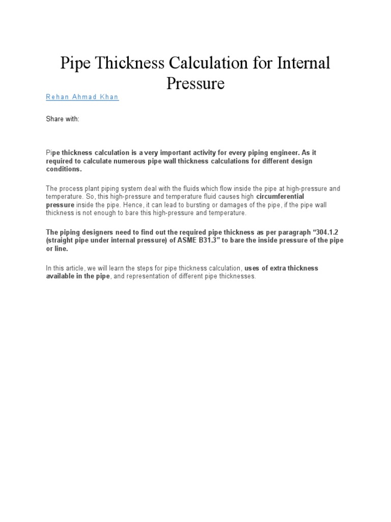 Pipe Thickness Calculation For Internal Pressure PDF