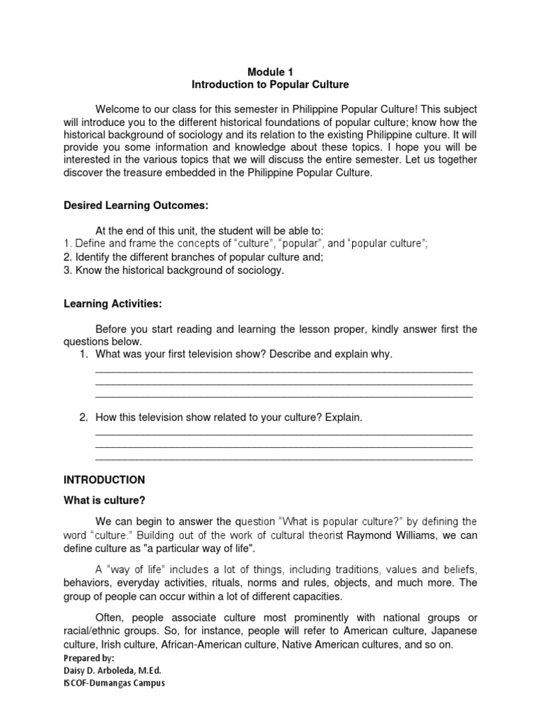 PhilPopCulture Module 1 | PDF | Sociology | Popular Culture