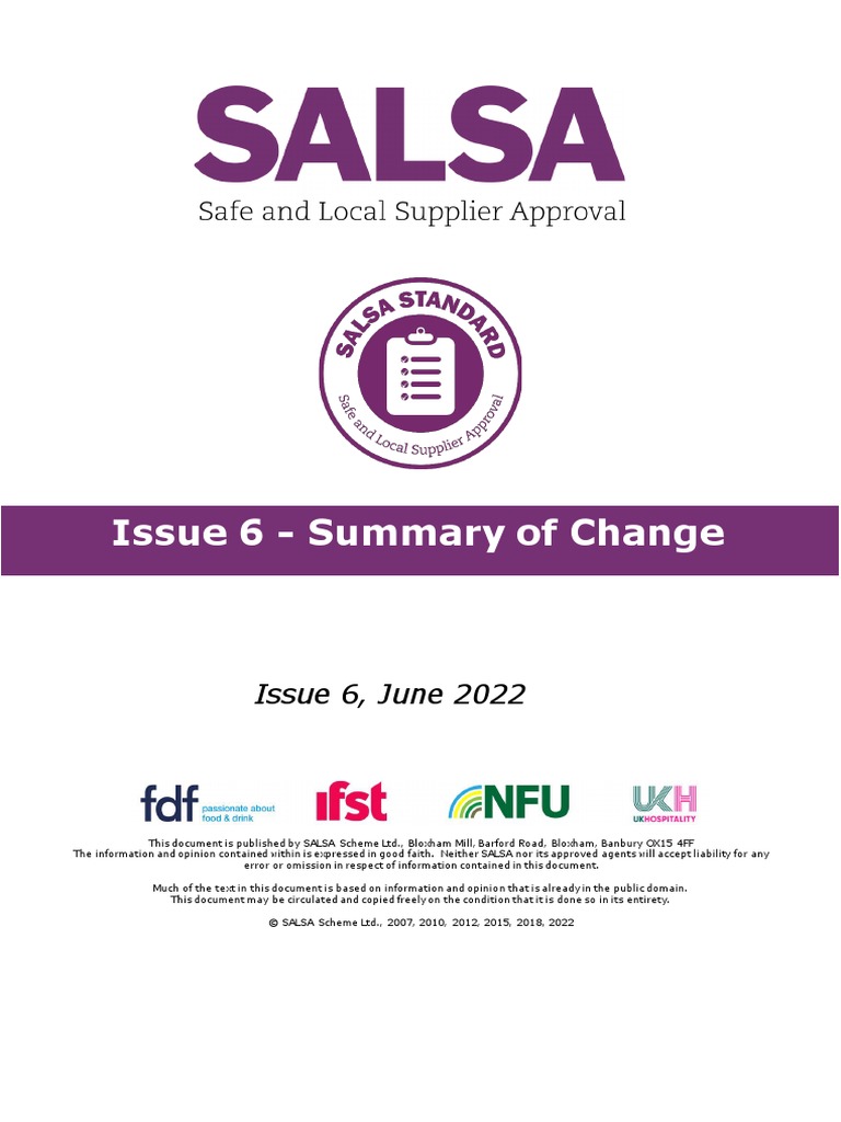 SALSA Summary of Changes Issue 6 PDF Hazard Analysis And Critical