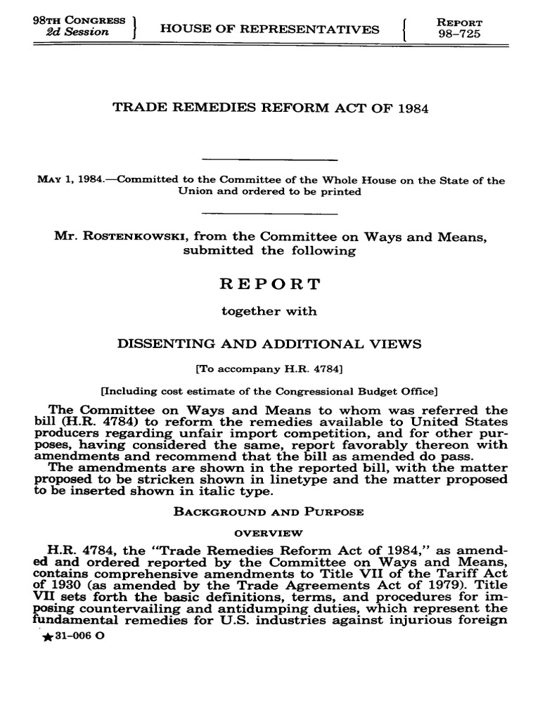 Trade Remedies Reform Act of 1984 Report | PDF | Dumping (Pricing ...