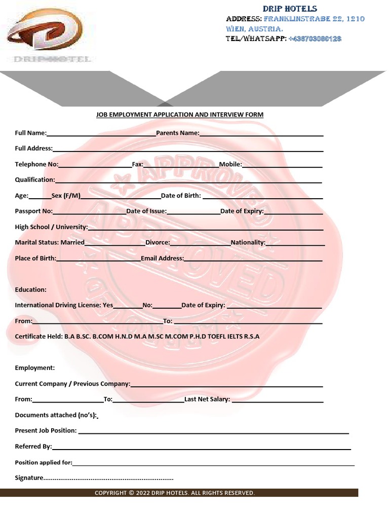 Drip Hotels Employment Application and Interview Form. PDF