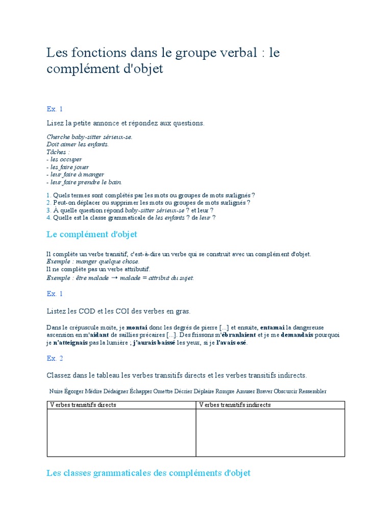 Fonctions du groupe verbal : Compléments | PDF | Clause | Verbe