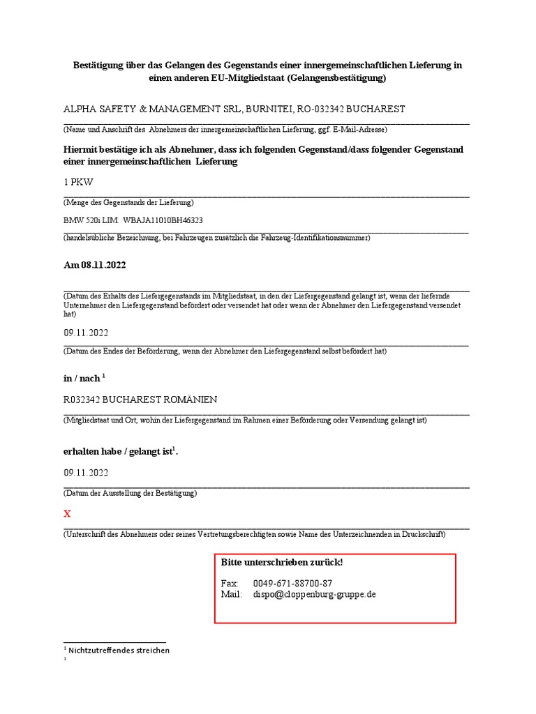 Gelangensbestätigung | PDF
