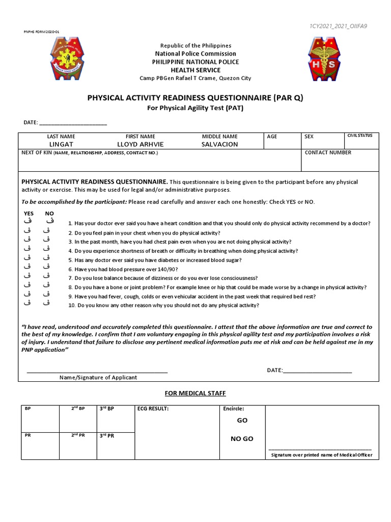PNP Physical Activity Readiness Questionnaire | PDF | Heart Failure ...