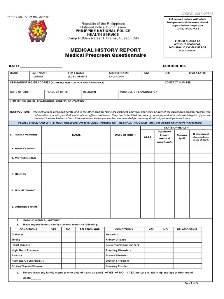 PNP Medical History Report Form | PDF | Menstruation | Heart