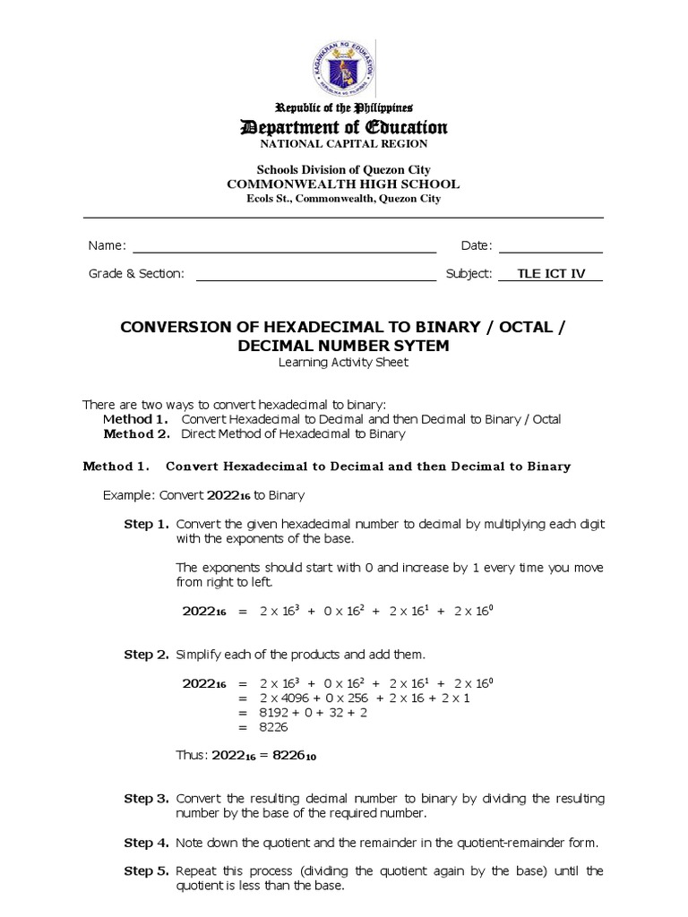 Q1 Module 3 LAS 08 Conversion Hexadecimal To Binary 2 | PDF ...