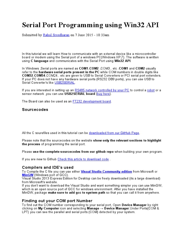 Serial Port Programming Using Win32 API PDF Subroutine Software