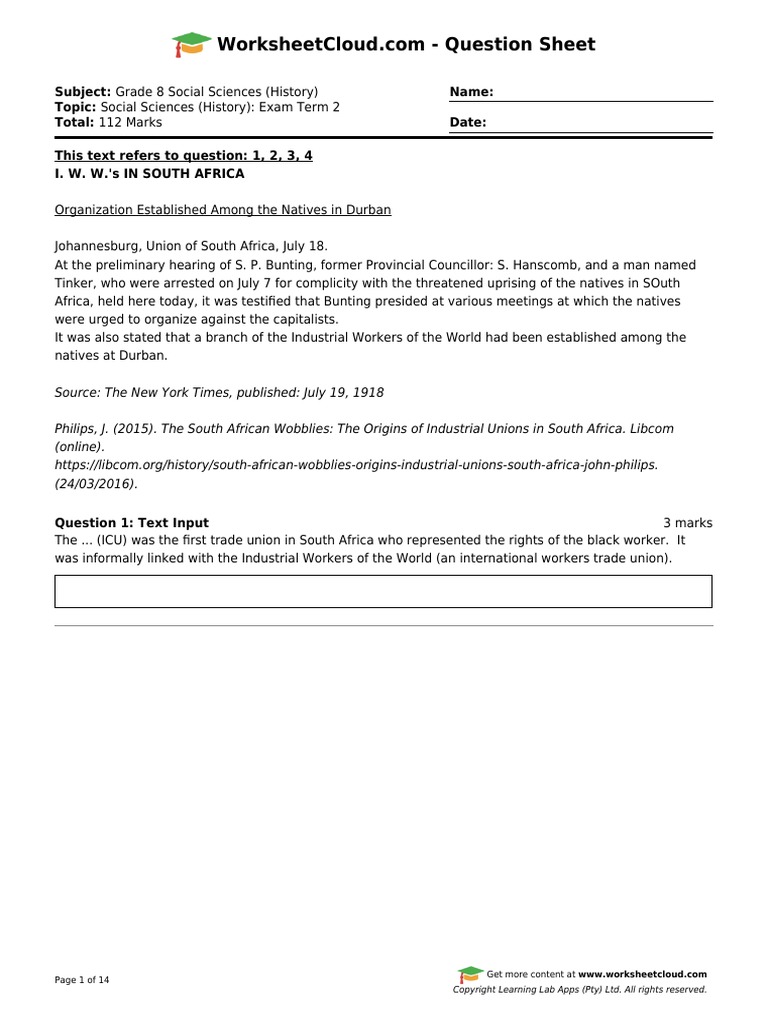 Grade 8 History Term 2 Exam PDF Orange Free State Enclosure