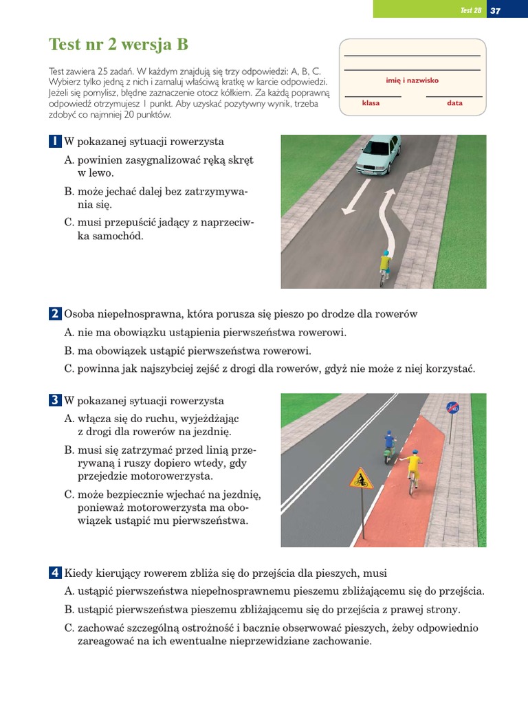 Test Na Karte Moto Rowerowa Julia Wójcik Test Na Karte Rowerowa NR 2 Wersja B | PDF