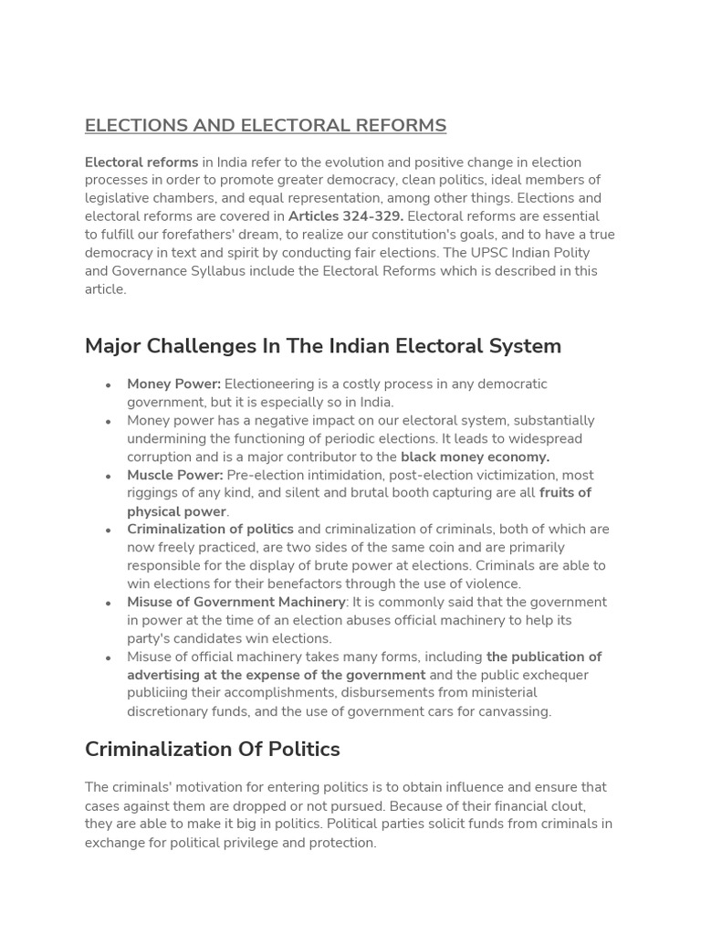 Electoral Reforms in India Overview | PDF | Voting | Elections