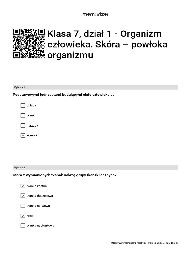 Organizm Człowieka Skóra Powłoka Organizmu Sprawdzian Pdf Klasa 7, Dział 1 - Organizm Człowieka. Skóra - Powłoka Organizmu