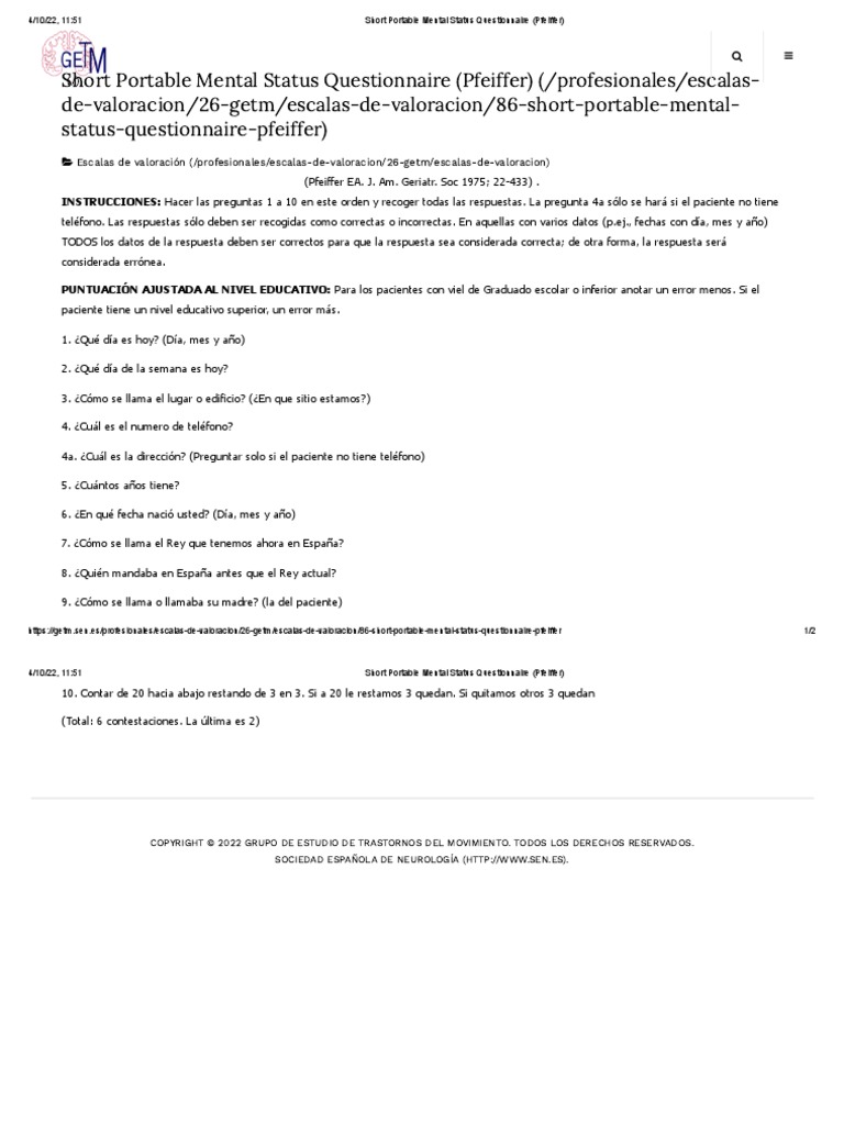 Short Portable Mental Status Questionnaire (Pfeiffer) | PDF