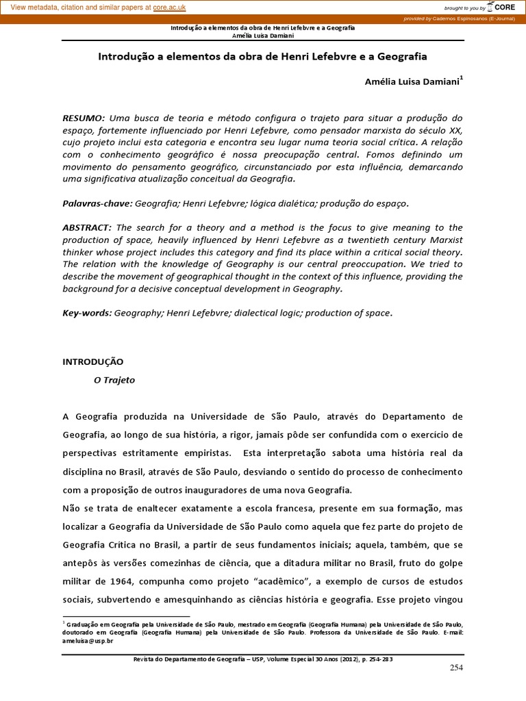 Damiani Introdução A Elementos Da Obra de Henri Lefebvre e A