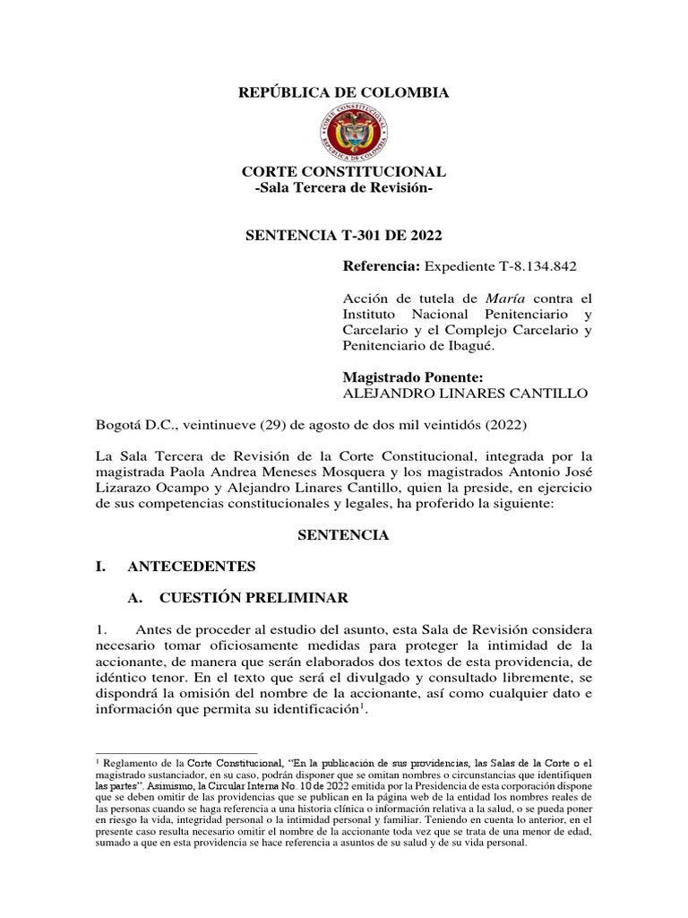Expediente T-8.134.842 - Sentencia T-301 de 2022 Anonimizada | PDF