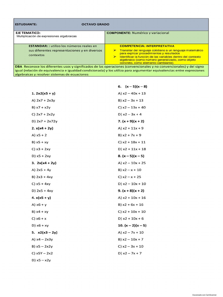 Taller Multiplicacion de Expresiones Algebraicas | PDF