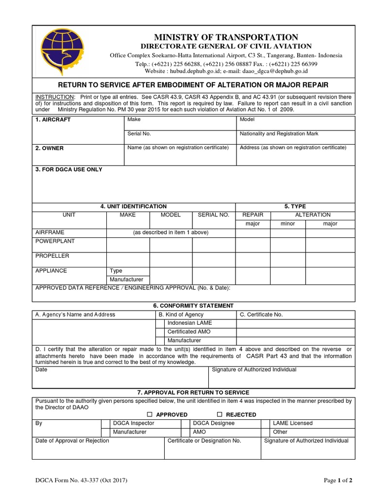 DGCA Form 43337 RTS Embodiment of Alteration or Major Repair Oct