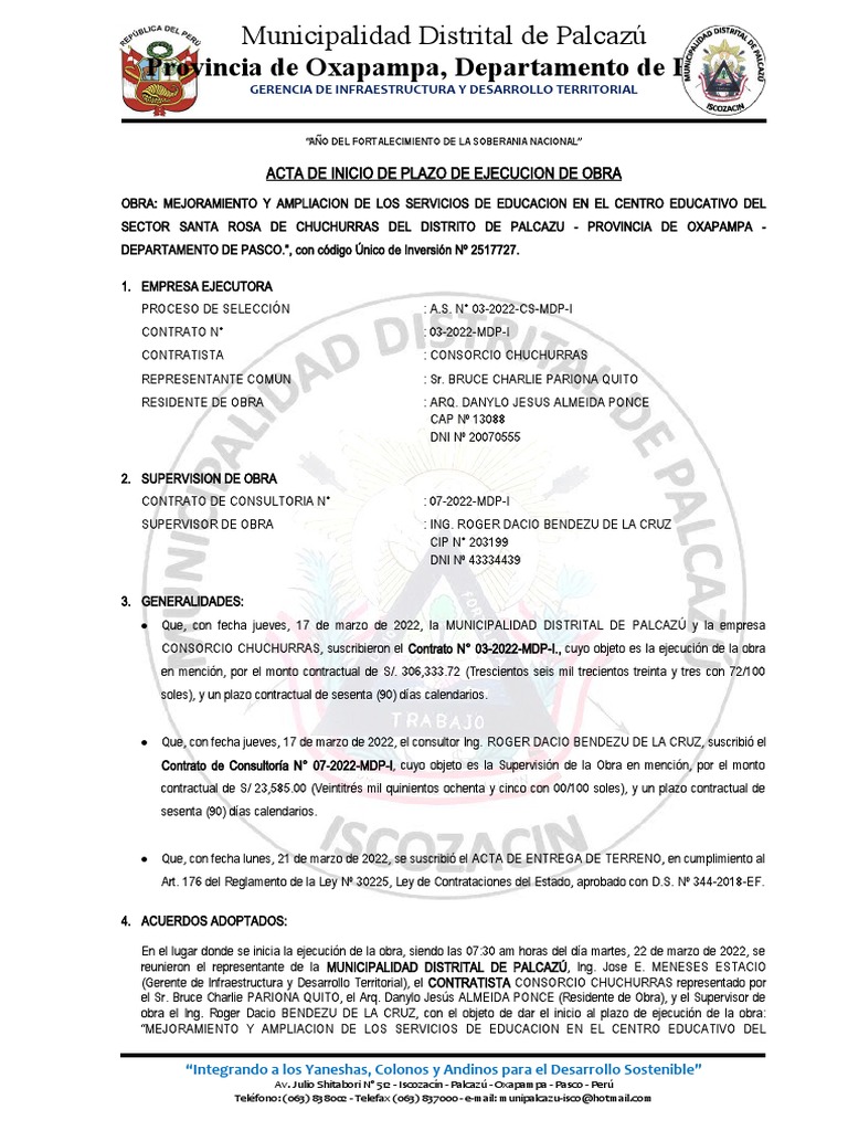 Acta de Inicio de Obra Educativa en Palcazú | PDF