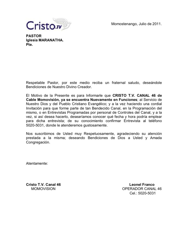 Carta-Invitación a Pastores. Leo.