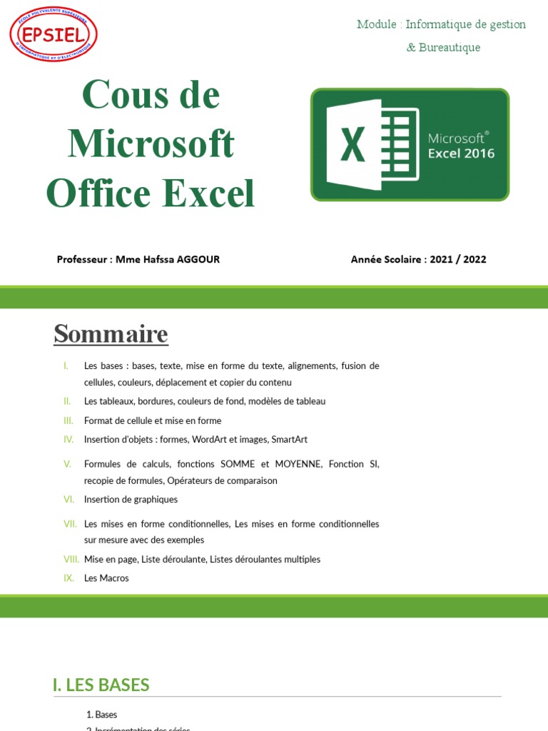 Cours Microsoft Office Excel | PDF | Microsoft Excel | Visual Basic for ...