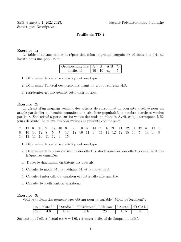 TD1 | PDF | Médiane (statistiques) | Statistiques