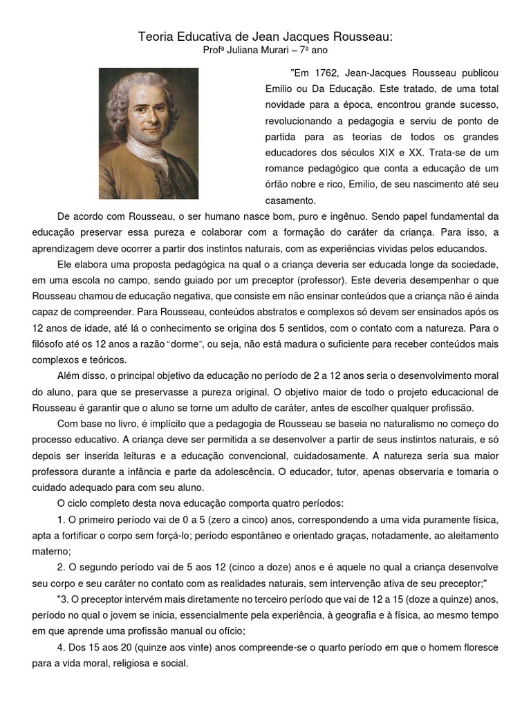 A Educação segundo Jean Jacques Rousseau Desenvolvimento moral através