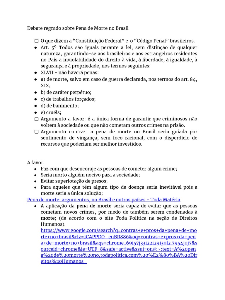 Debate sobre Pena de Morte no Brasil | PDF | Pena de morte | Crimes
