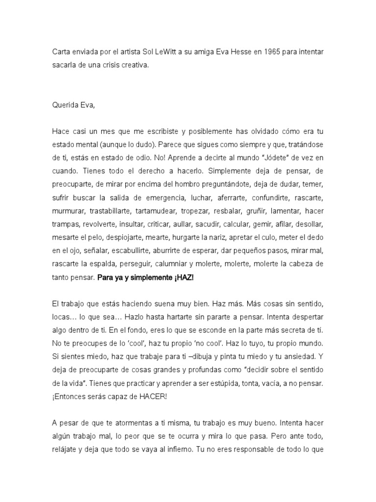 Carta enviada de Sol LeWitt a Eva Hesse | PDF