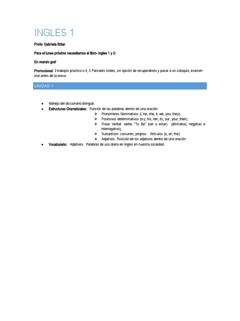 Contenido del Curso de Inglés 1 | PDF | Estudios de idiomas extranjeros