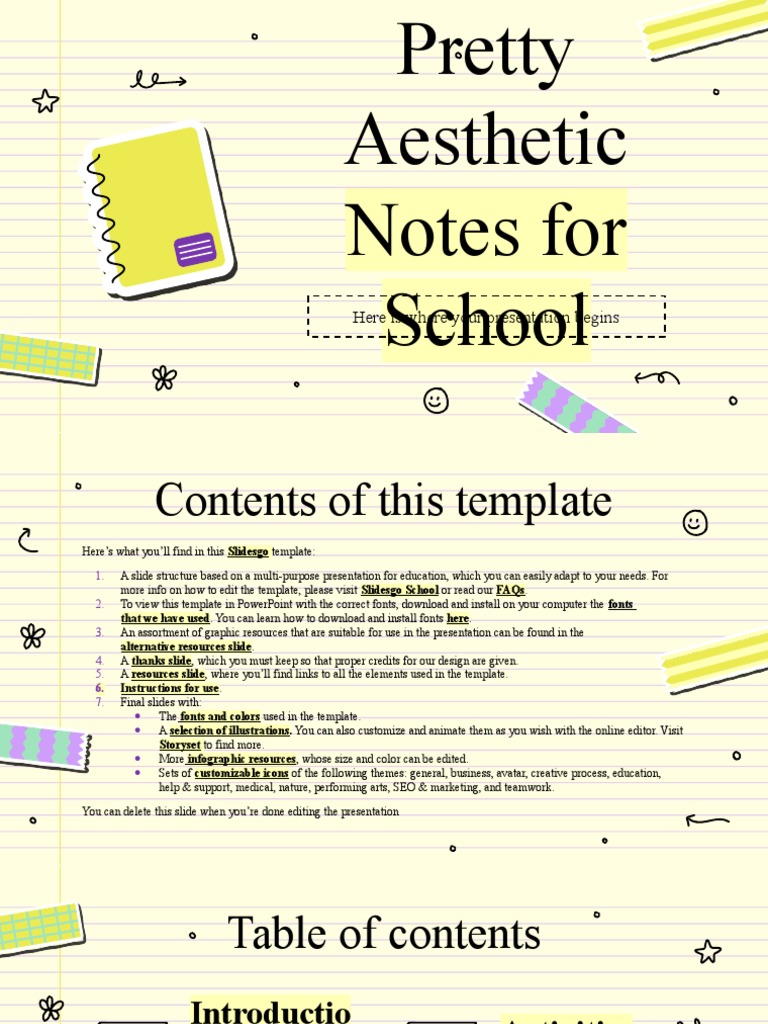 Pretty Aesthetic Notes For School Yellow Variant by Slidesgo | PDF ...
