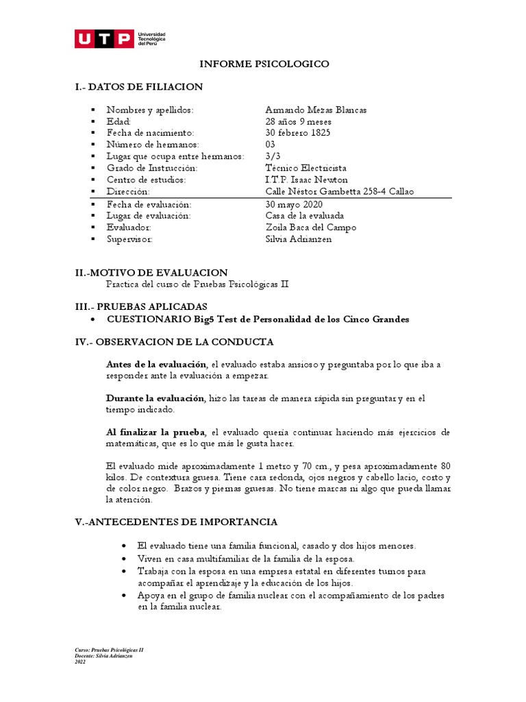 Informe de Evaluación Psicológica Laboral | PDF | Las emociones ...