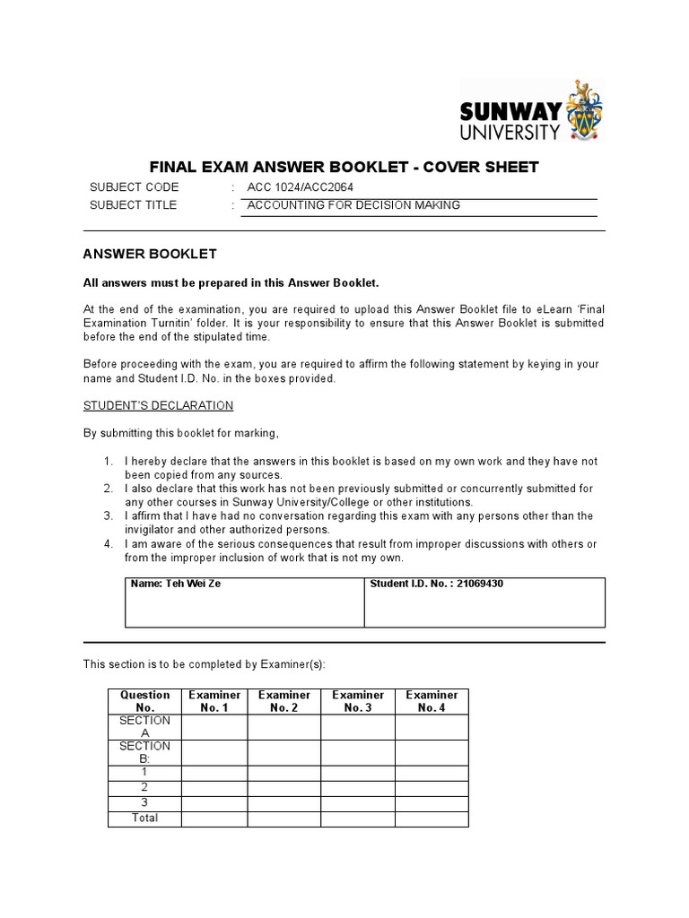 Final Exam Answer Booklet Cover Sheet PDF Balance Sheet Equity (Finance)