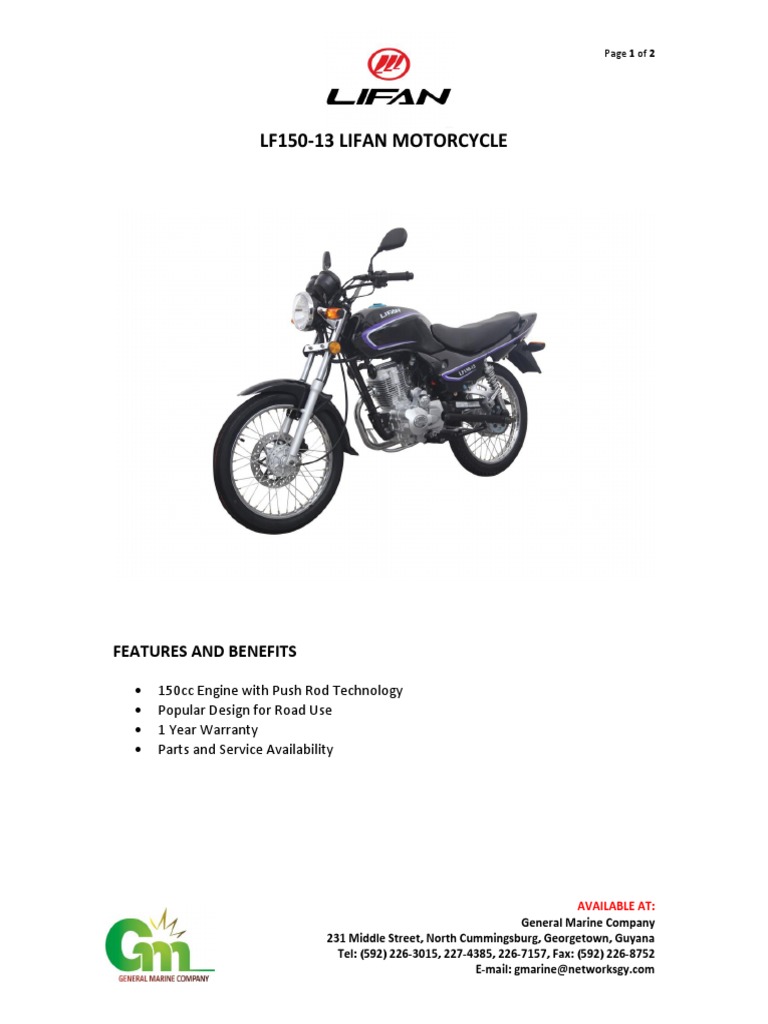 Specifications and Features of the LF150-13 Lifan Motorcycle for Sale ...