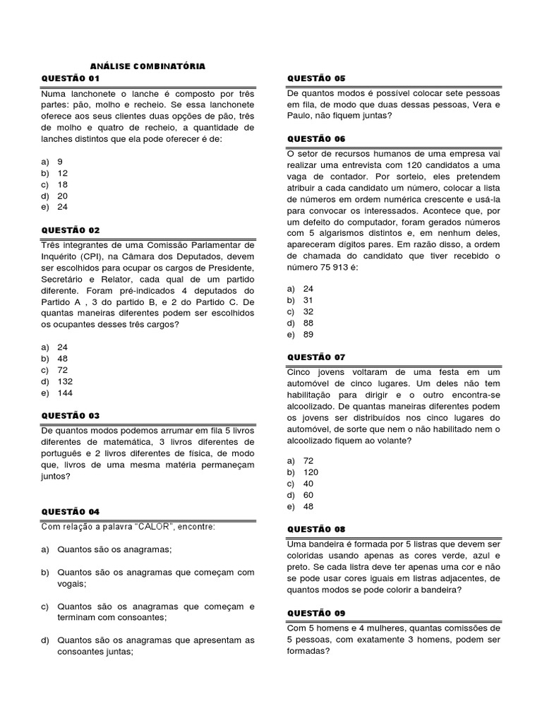 Exercícios de Análise Combinatória | PDF | Cor | Combinatória