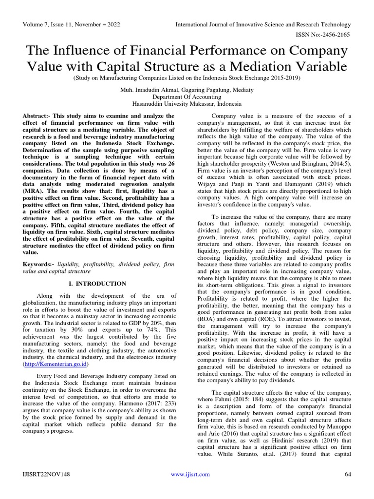 The Influence of Financial Performance On Company Value With Capital