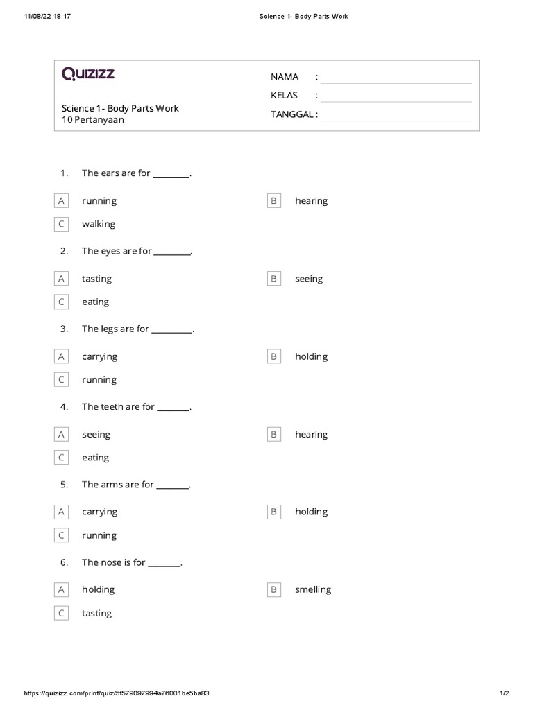 Science 1 Body Parts Work Pdf