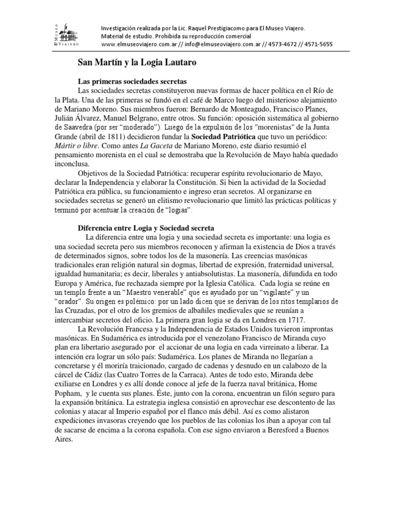 San Martín y la Logia Lautaro: Historia y Objetivos | PDF | Masonería ...