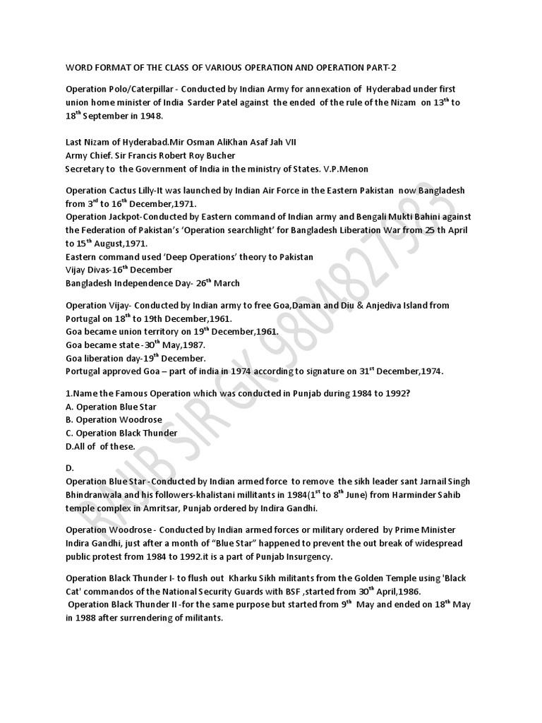 Overview of Key Indian Military Operations | PDF | Government Of India ...