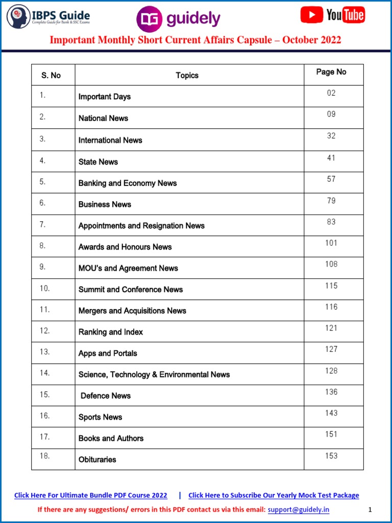 Important Monthly Short Current Affairs Capsule - October 2022 | PDF ...