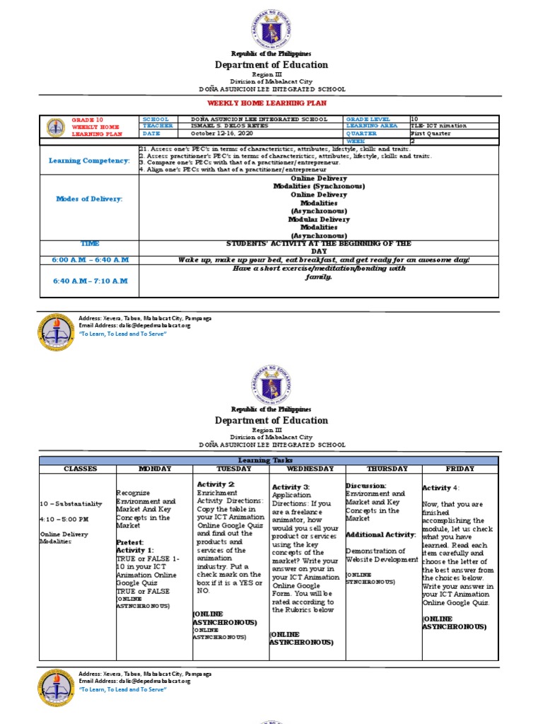 Grade 10 Weekly Home Learning Plan | PDF | Educational Technology ...