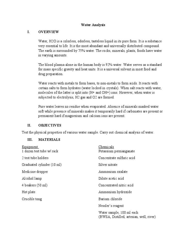 Activity 1 Water Analysis Pdf Water Salt Chemistry