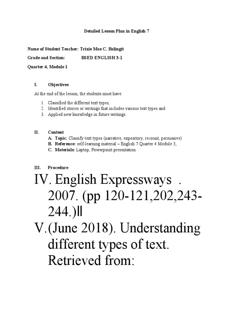 Lesson Plan on Text Types by Trixie Mae | PDF | Narrative | Causality