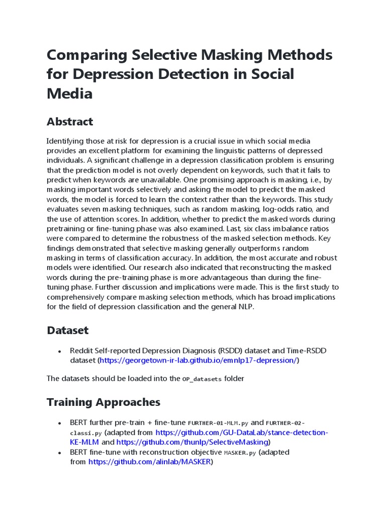 Comparing Selective Masking Methods For Depression Detection in Social