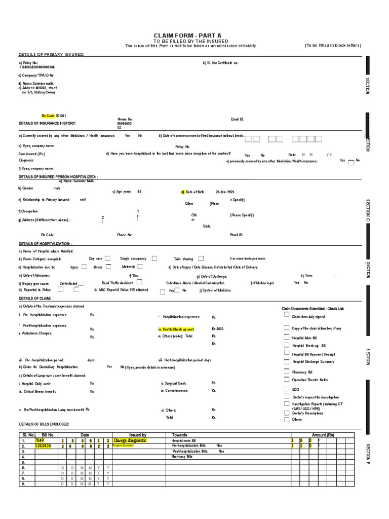 Claim Form Part A PDF Insurance Hospital