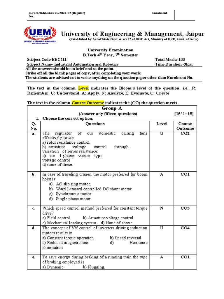 EEC711 Set1 - With CO | PDF | Electric Motor | Power (Physics)