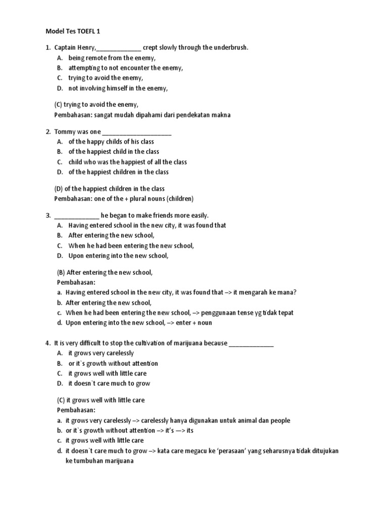 Contoh Toefl 1 Pdf Verb Subject Grammar